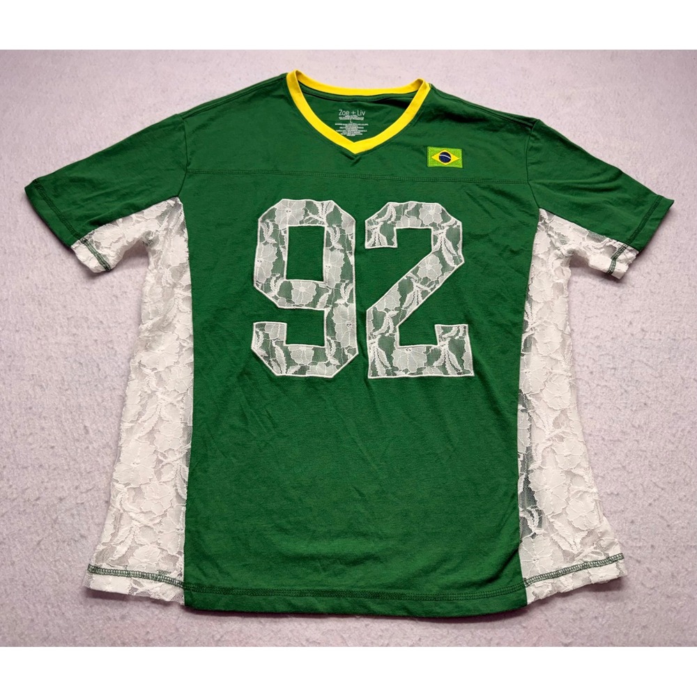 Zoe + Liv Brazil Jersey Style Tee Green Lace 92 Floral Side Panels Womens Large